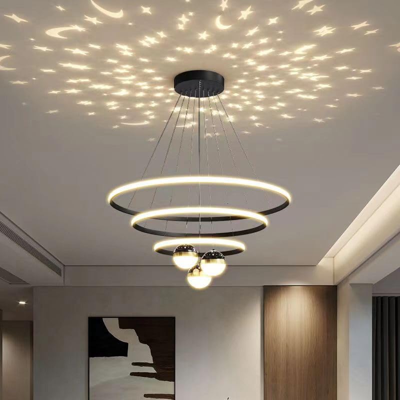 Suspension 3 anneaux LED Étoilée Moderne – Projection Ciel Étoilé