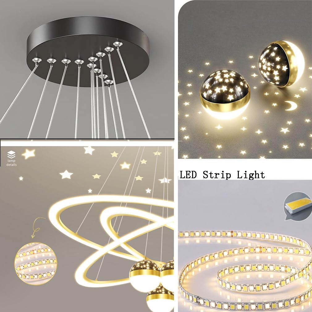 Suspension 3 anneaux LED Étoilée Moderne – Projection Ciel Étoilé