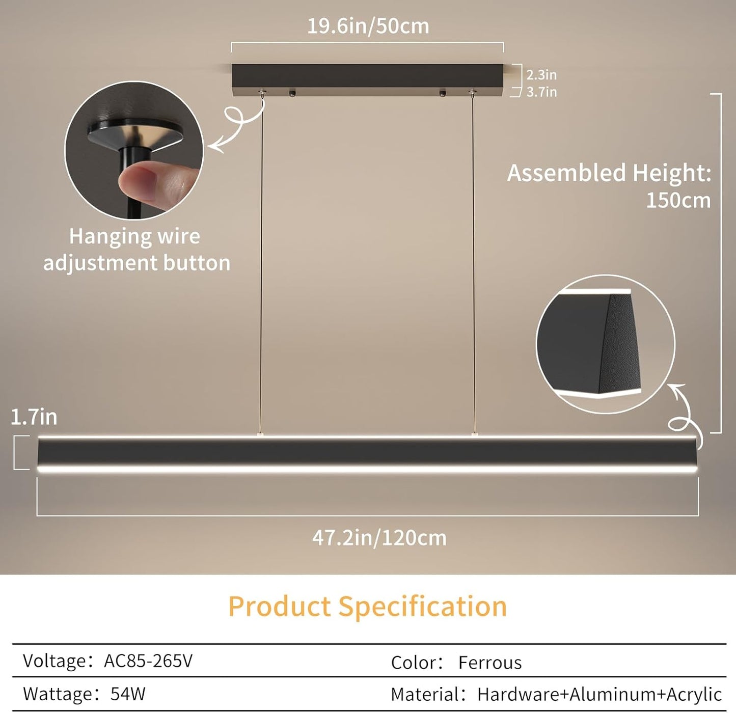 Suspension Noir LED Linéaire Moderne 120 cm