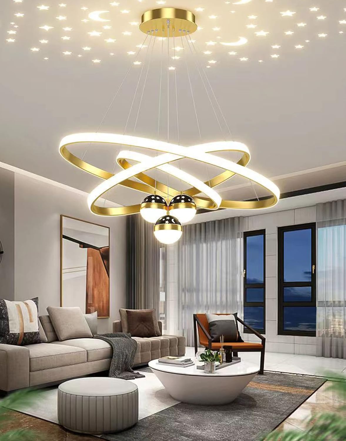 Suspension 3 anneaux LED Étoilée Moderne – Projection Ciel Étoilé