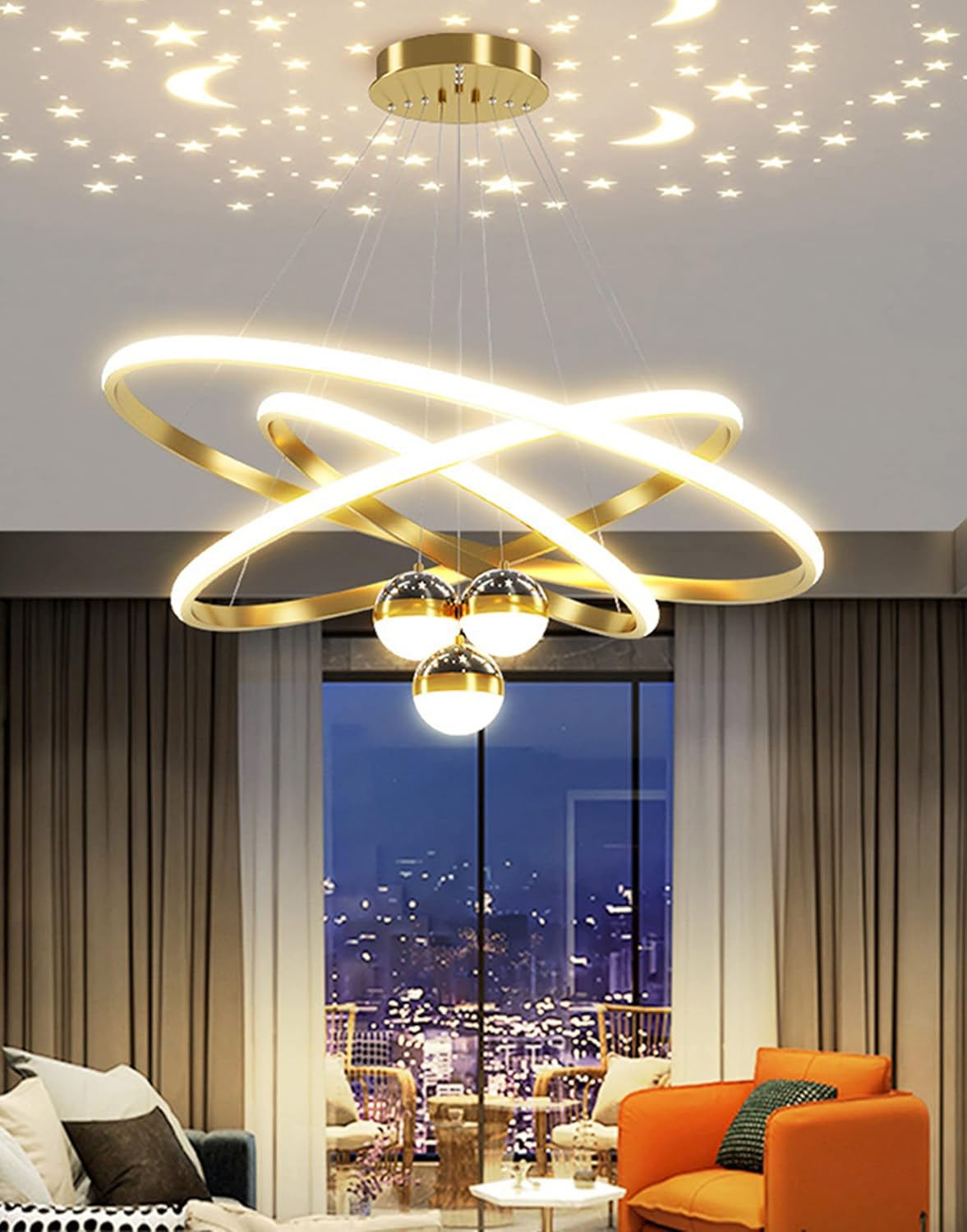 Suspension 3 anneaux LED Étoilée Moderne – Projection Ciel Étoilé