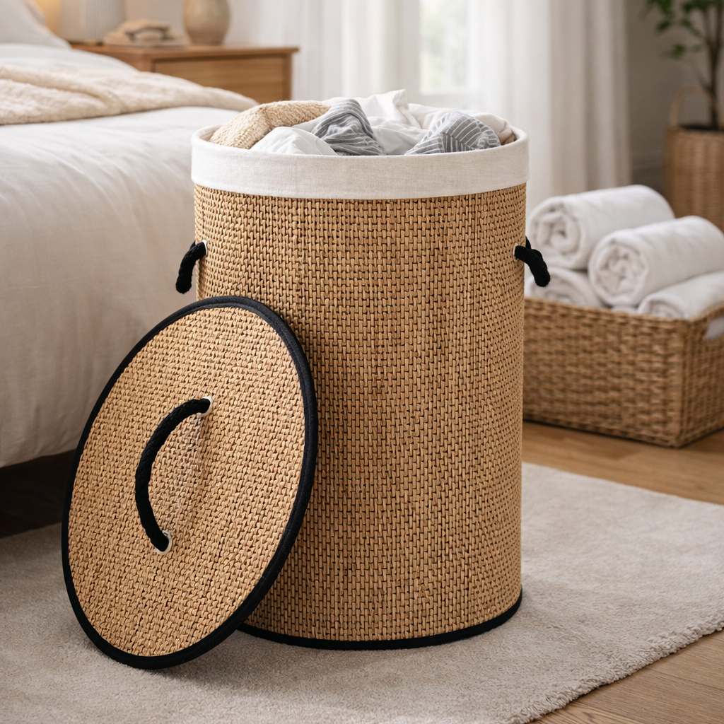 Panier à linge cylindrique effet cannage