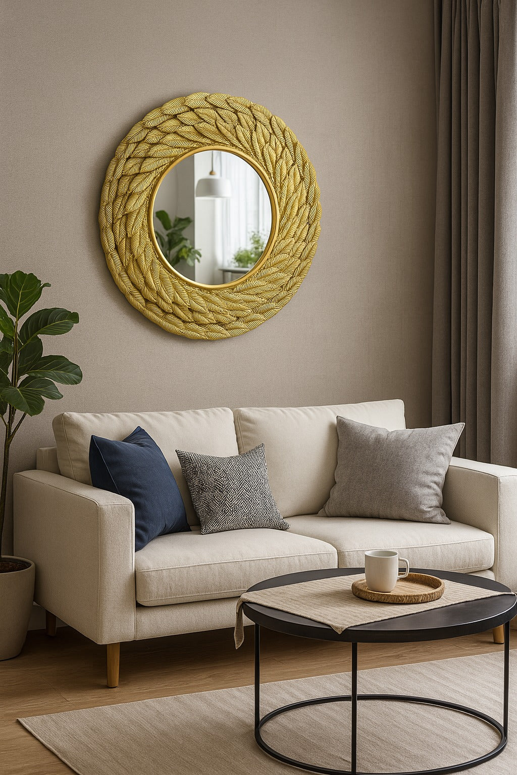 Miroir Couronne Feuilles 70 cm – cadre doré