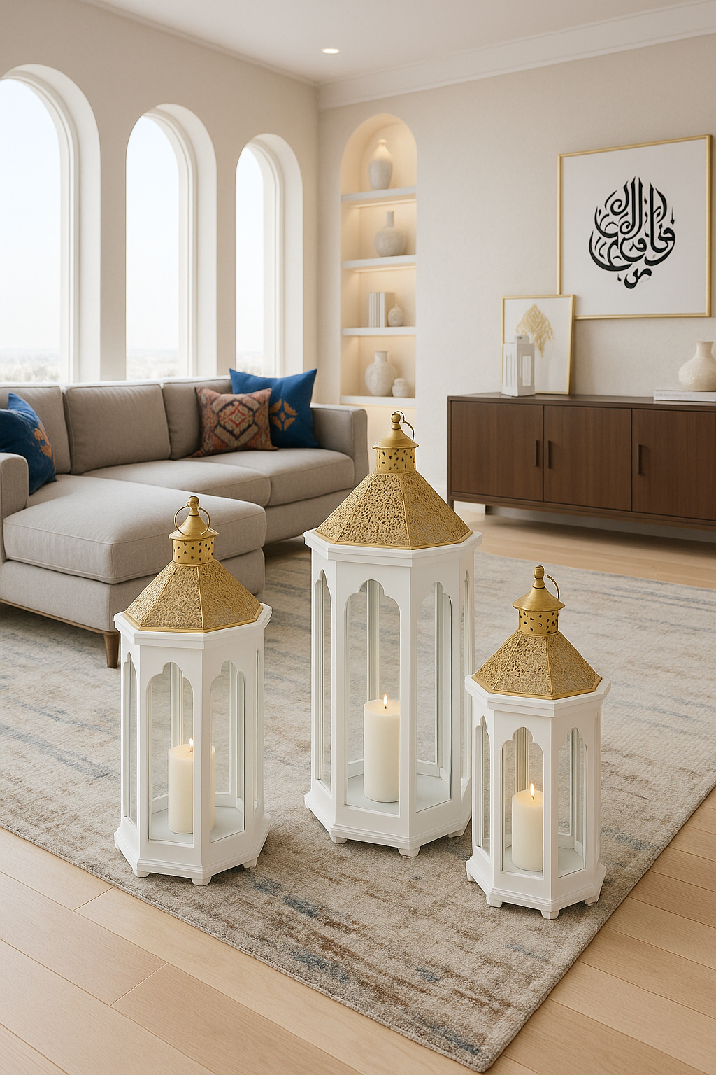 Trio de Lanternes Blanches & Dorées – Élégance Lumineuse