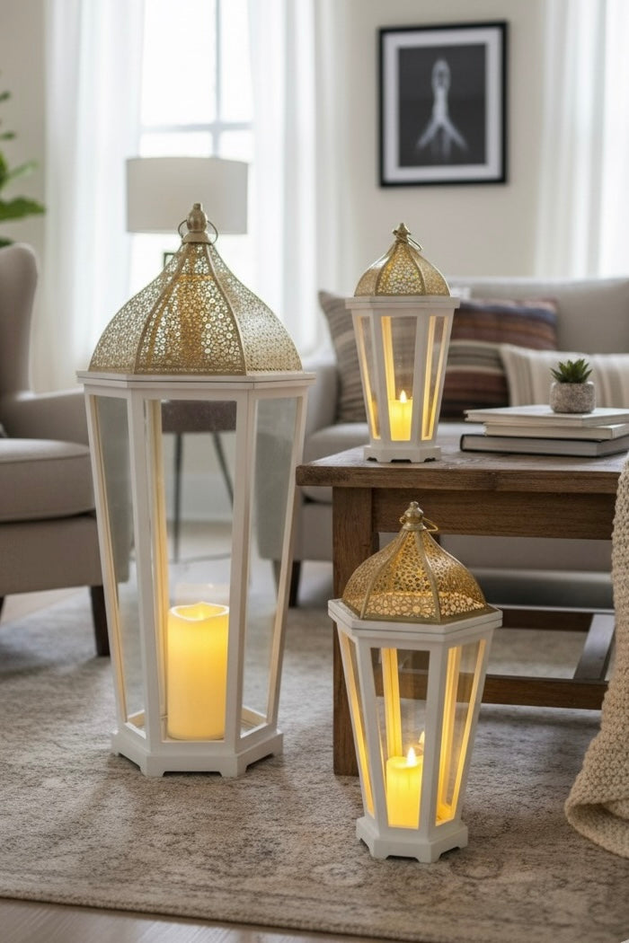 Ensemble de 3 Lanternes Blanches et Dorées