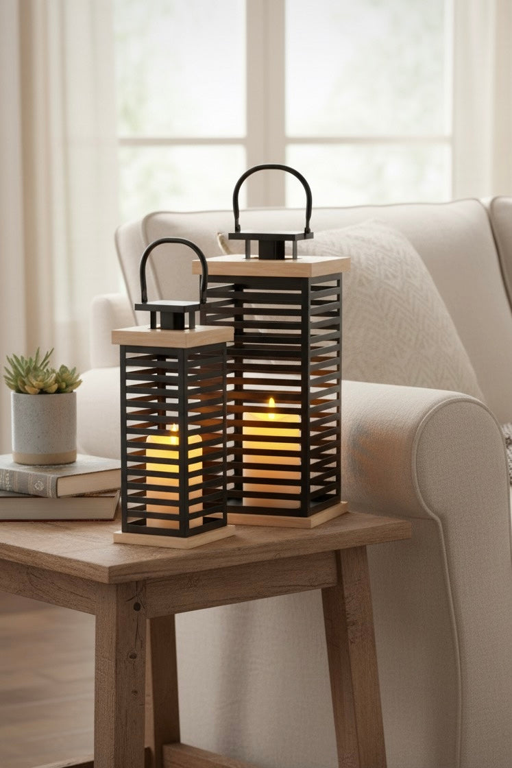 Lot de 2 Lanternes Noires & Bois Naturel