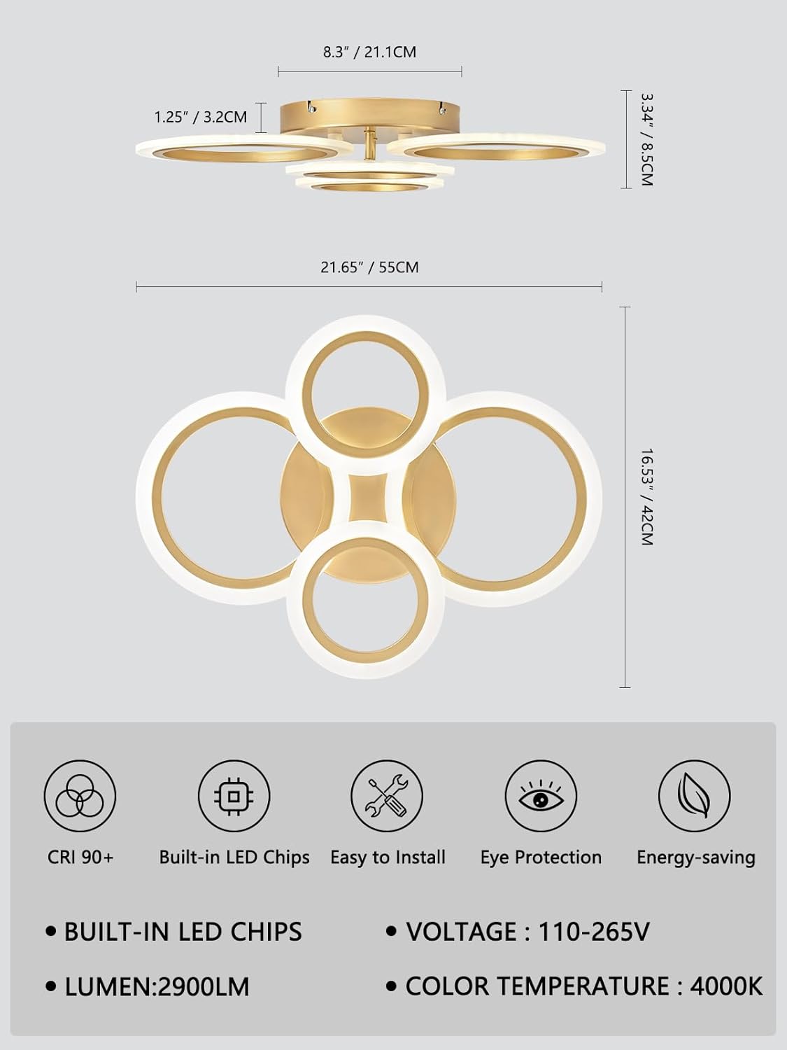 TEMINBU - Plafonnier  à 6 anneaux circulaire LED