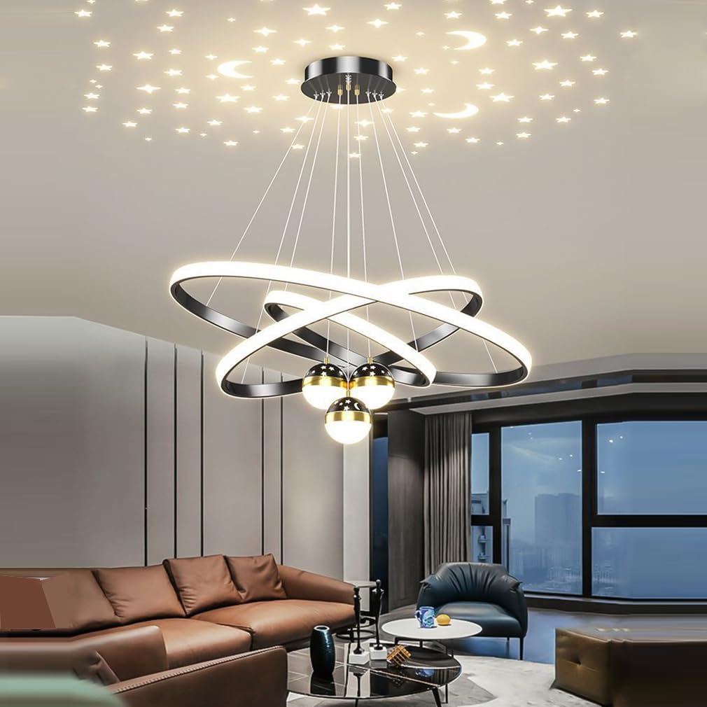 Suspension 3 anneaux LED Étoilée Moderne – Projection Ciel Étoilé