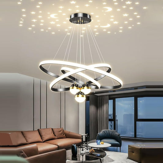 Suspension 3 anneaux LED Étoilée Moderne – Projection Ciel Étoilé