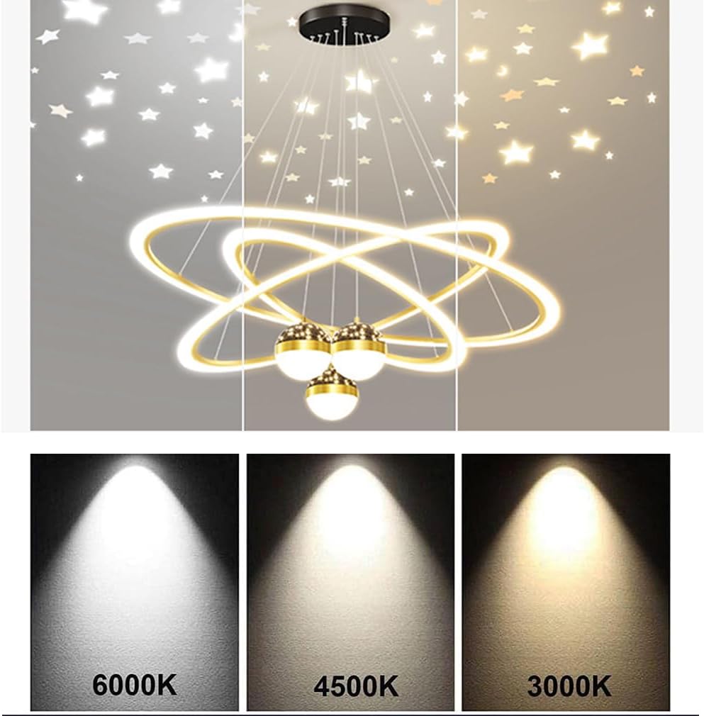 Suspension 3 anneaux LED Étoilée Moderne – Projection Ciel Étoilé