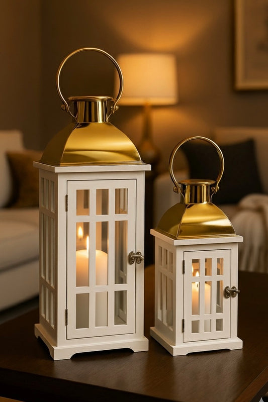 Lot de 2 Lanternes Blanches & Dorées