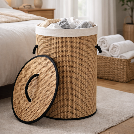 Panier à linge cylindrique effet cannage