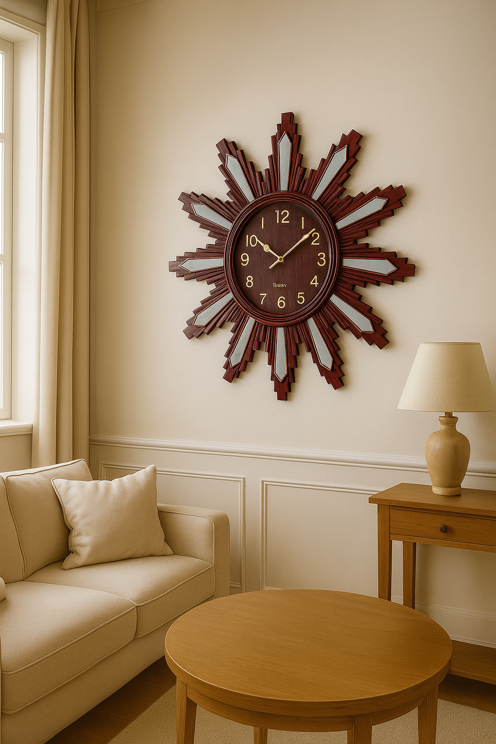 Horloge Murale Soleil Style Bois – 75 cm