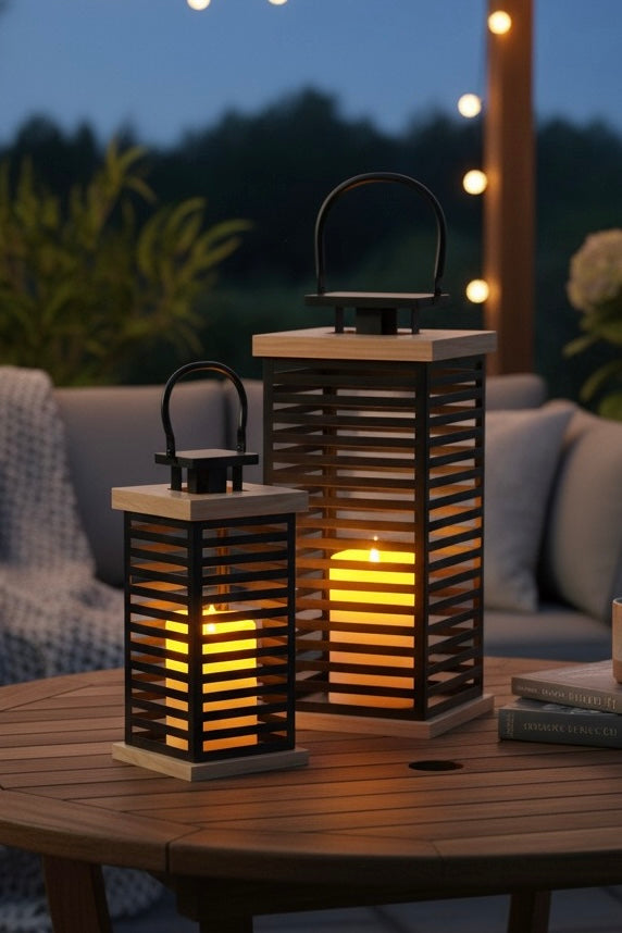 Lot de 2 Lanternes Noires & Bois Naturel