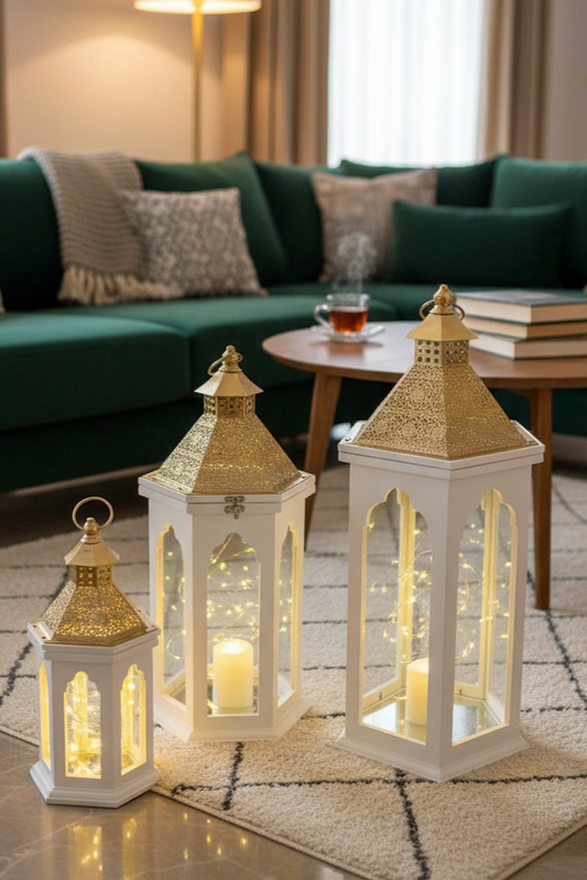 Trio de Lanternes Blanches & Dorées – Élégance Lumineuse
