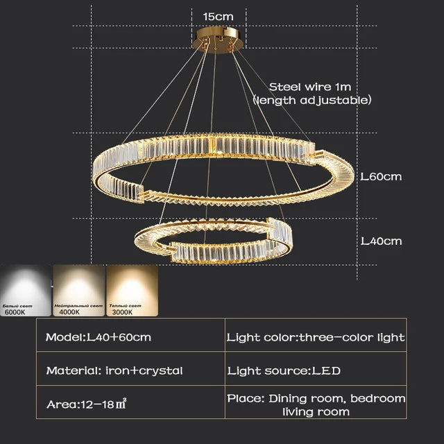THUNDER - Lustre Cristal K9 LED Or Deux Cerceaux