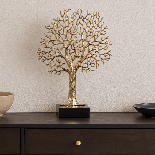Sculpture Arbre de Vie Doré sur Socle Noir – 40 × 30 cm
