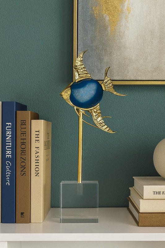 Sculpture Poisson Doré avec Pierre Bleue – 40 cm