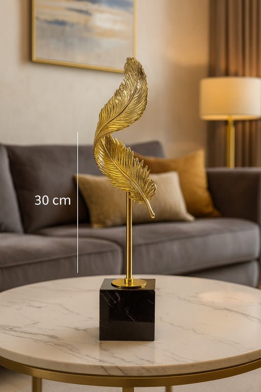 Sculpture Feuille Dorée sur Socle Noir – 30 cm