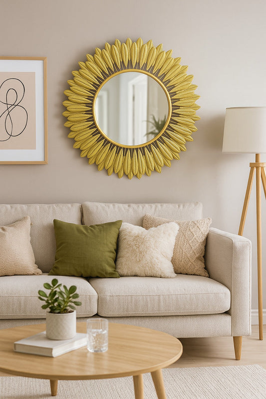 Miroir Soleil Feuilles 80 cm – cadre doré