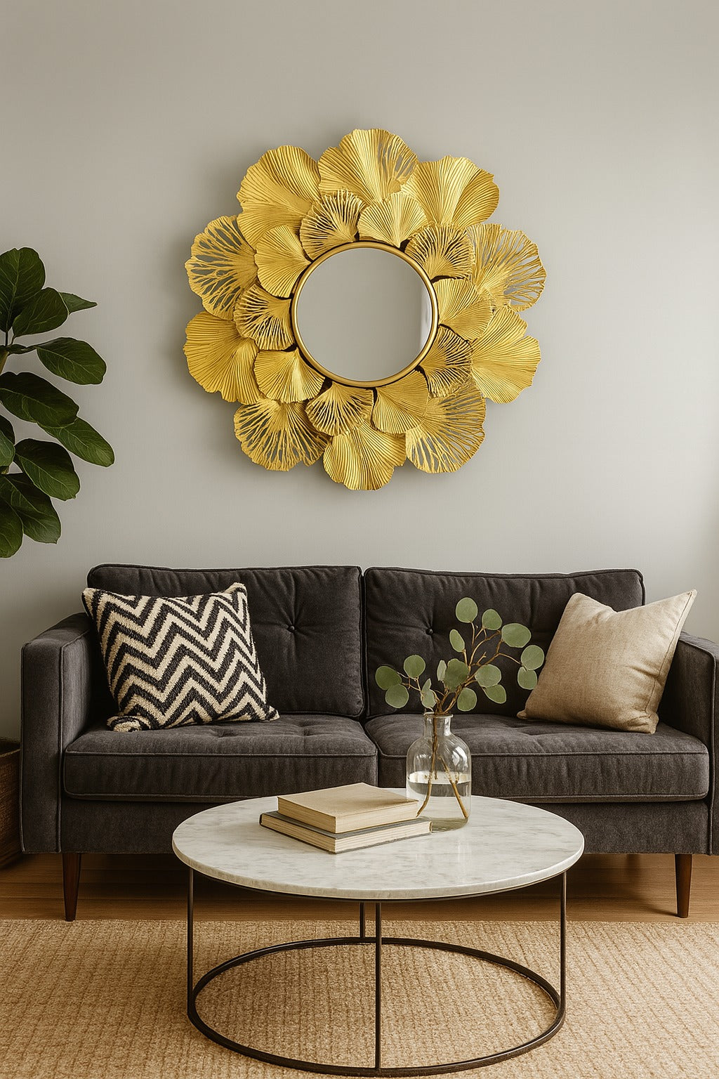 Miroir Fleur Graphique 80 cm – cadre doré