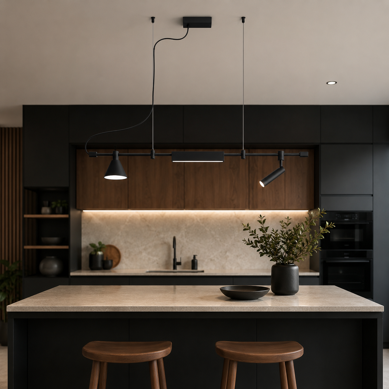 Suspension LED linéaire noire moderne au-dessus d’un îlot de cuisine