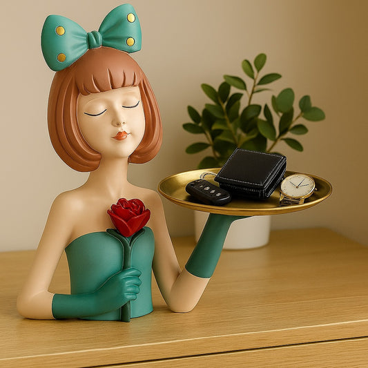 Vide Poche Décoratif Fille Élégante avec Rose Rouge – Statue de Rangement
